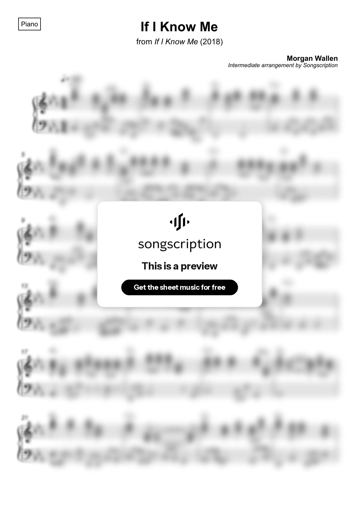 Intermediate Piano Sheet Music for "If I Know Me" by Morgan Wallen