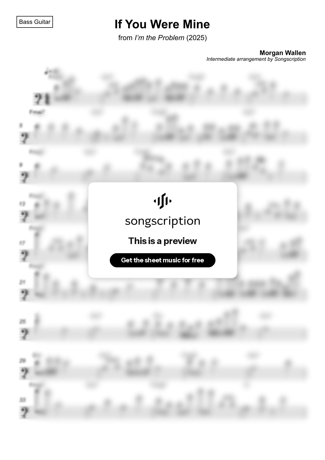Intermediate Bass Guitar Sheet Music for "If You Were Mine" by Morgan Wallen