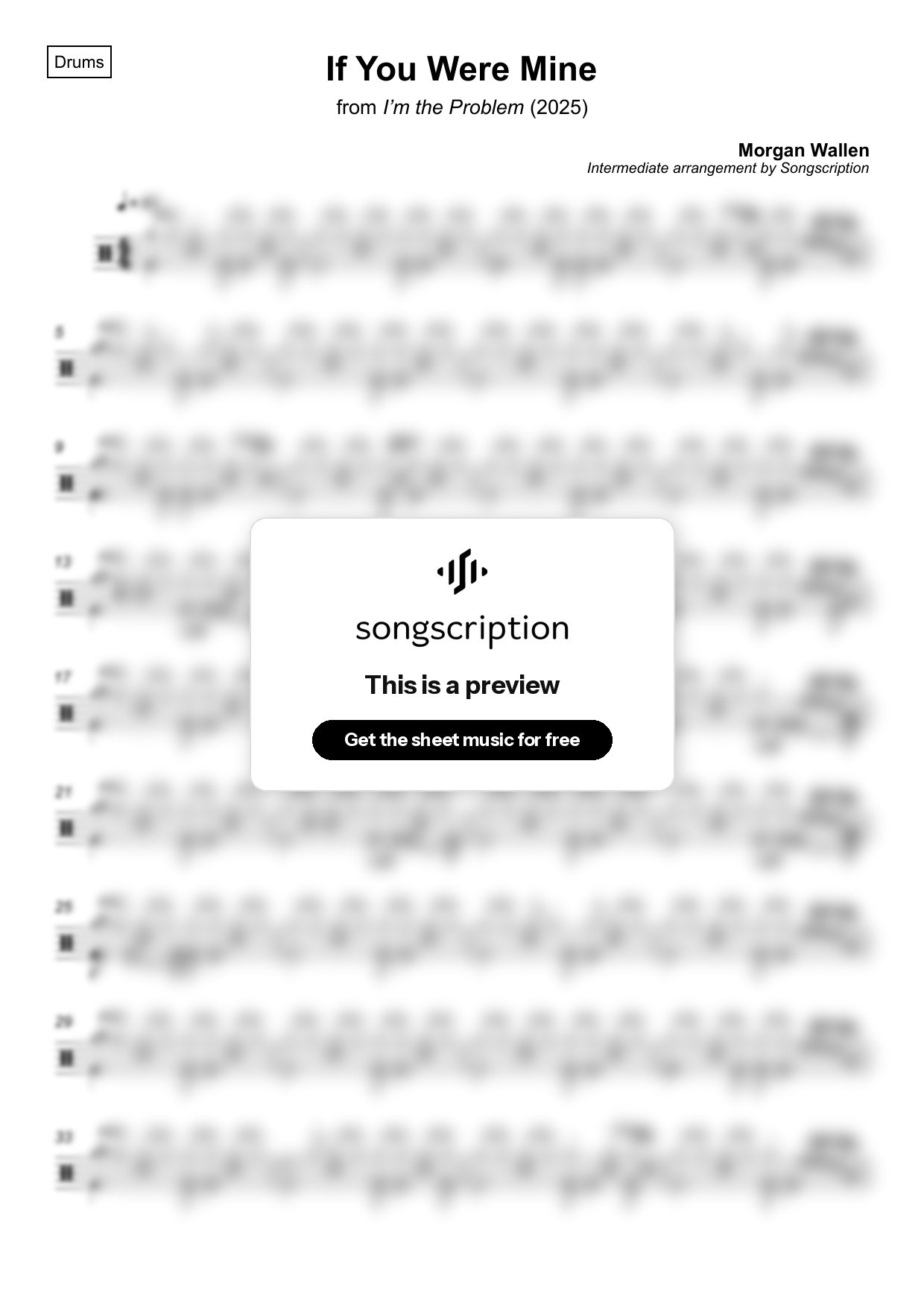 Intermediate Drums Sheet Music for "If You Were Mine" by Morgan Wallen