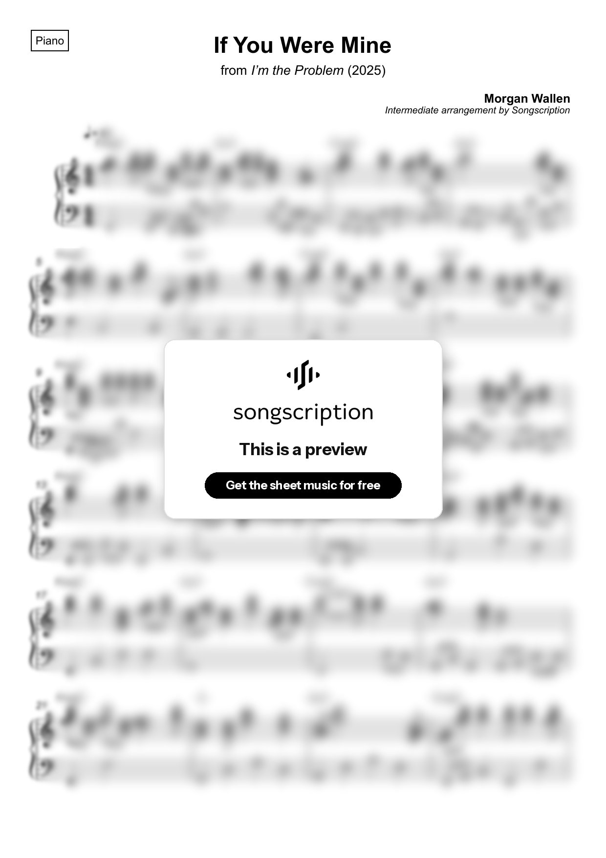 Intermediate Piano Sheet Music for "If You Were Mine" by Morgan Wallen