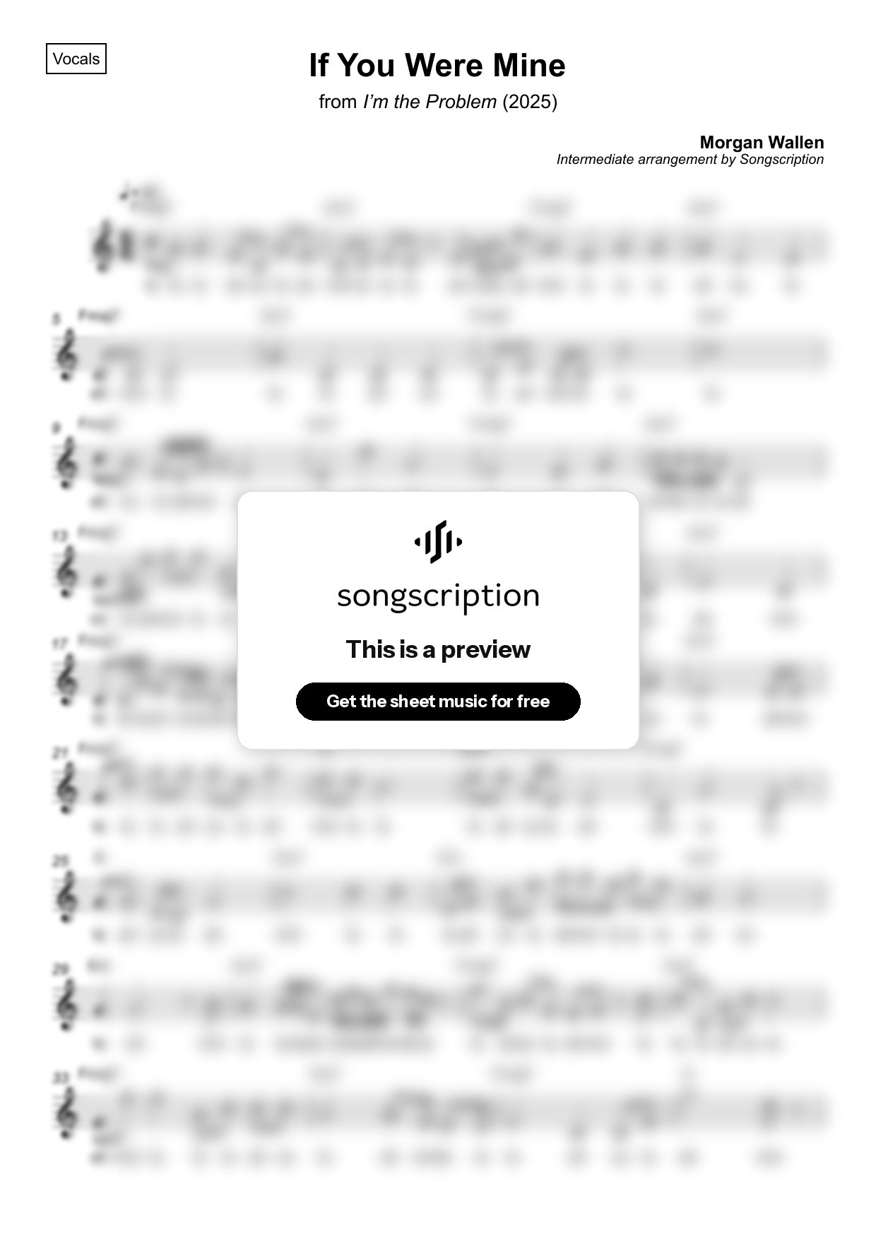 Intermediate Vocals Sheet Music for "If You Were Mine" by Morgan Wallen