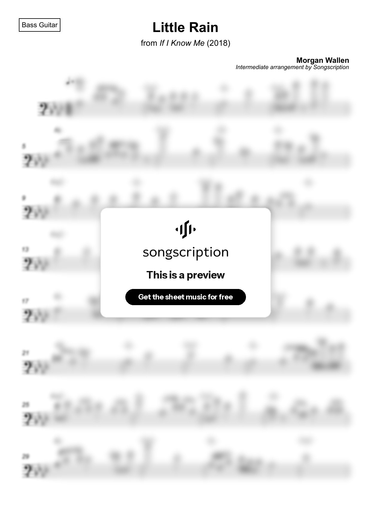 Intermediate Bass Guitar Sheet Music for "Little Rain" by Morgan Wallen