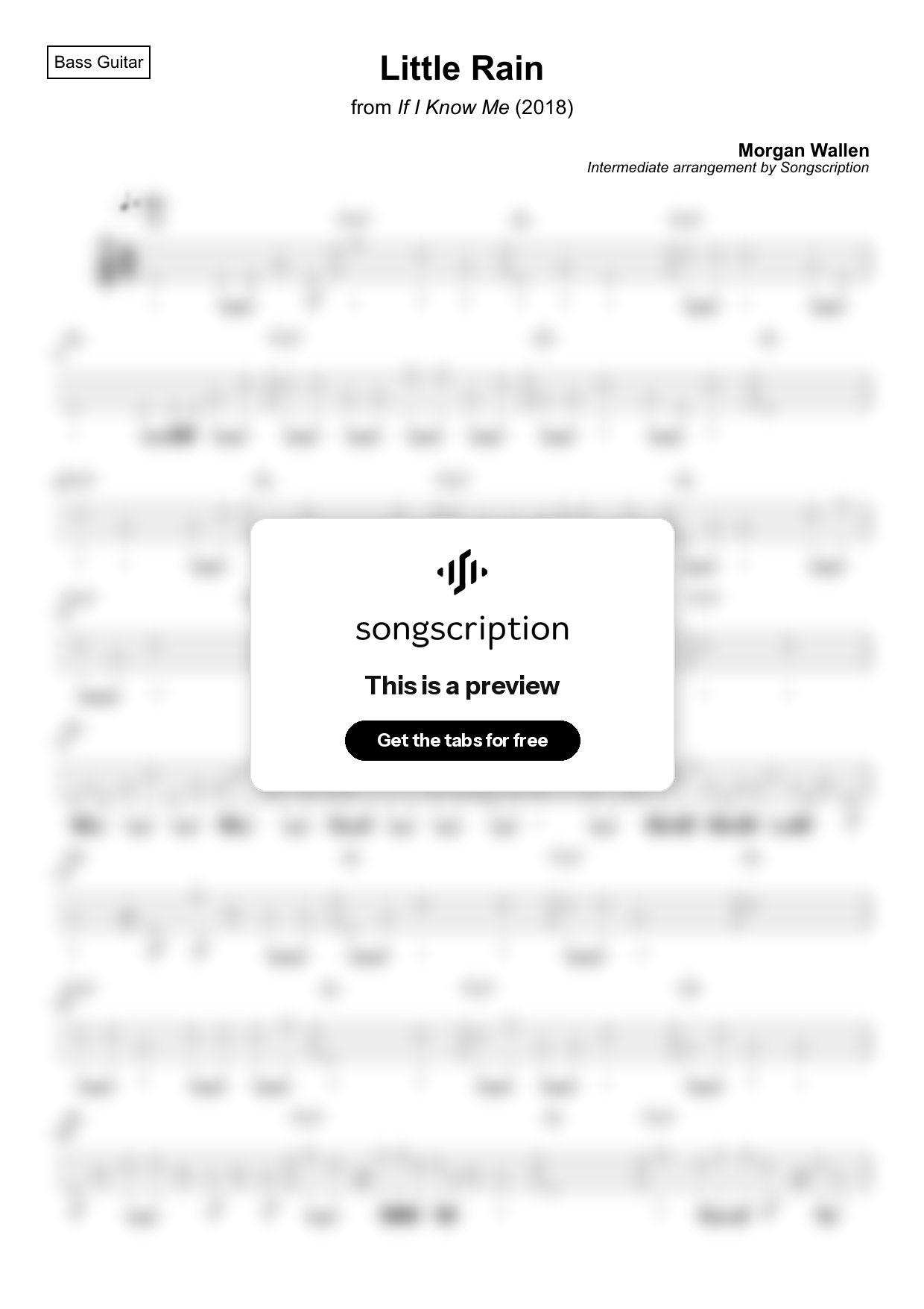 Intermediate Bass Guitar Tabs for "Little Rain" by Morgan Wallen