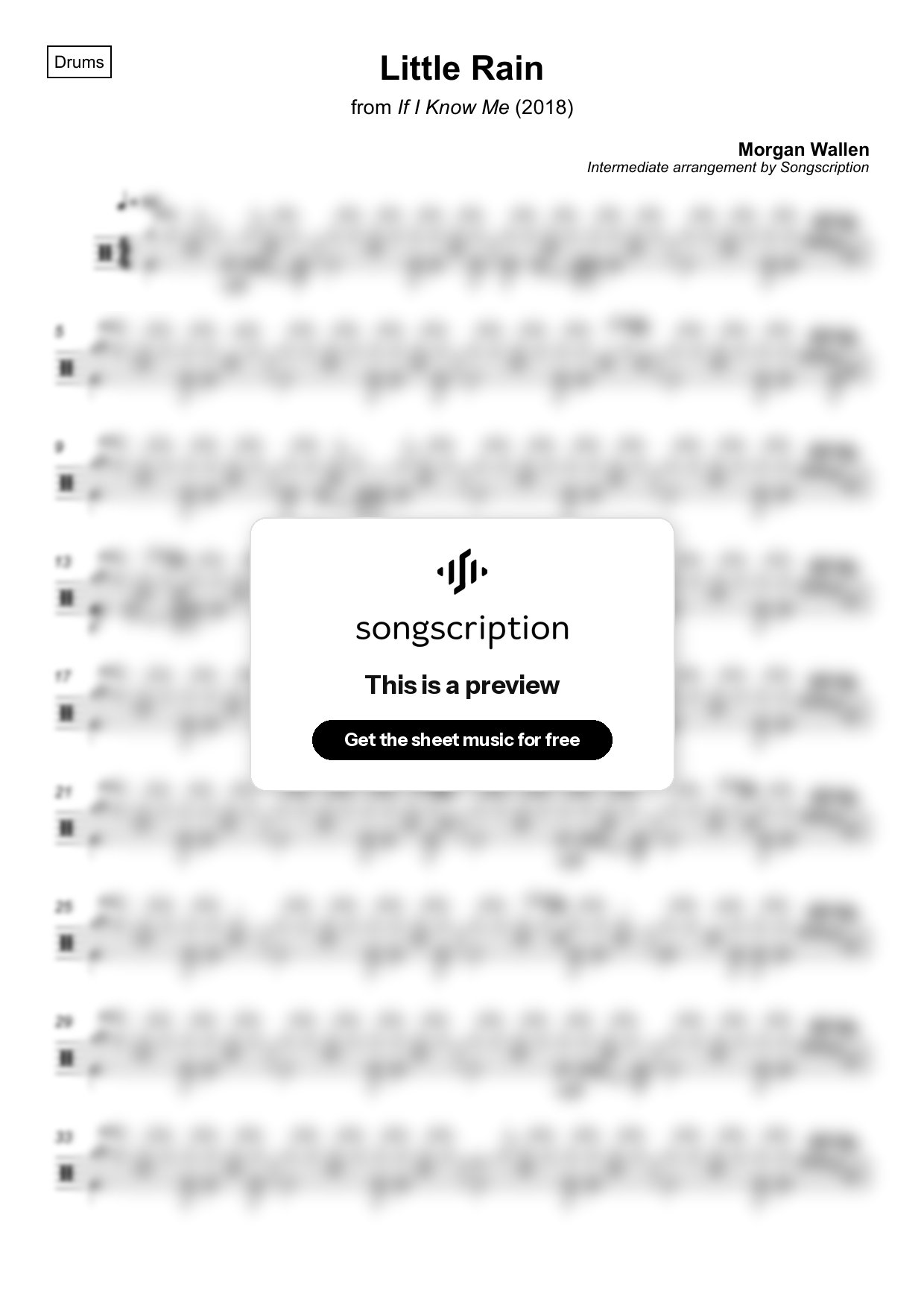 Intermediate Drums Sheet Music for "Little Rain" by Morgan Wallen