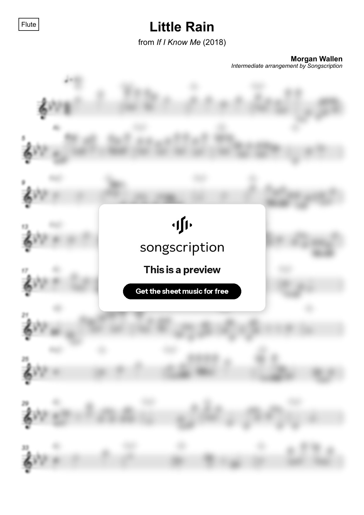Intermediate Flute Sheet Music for "Little Rain" by Morgan Wallen