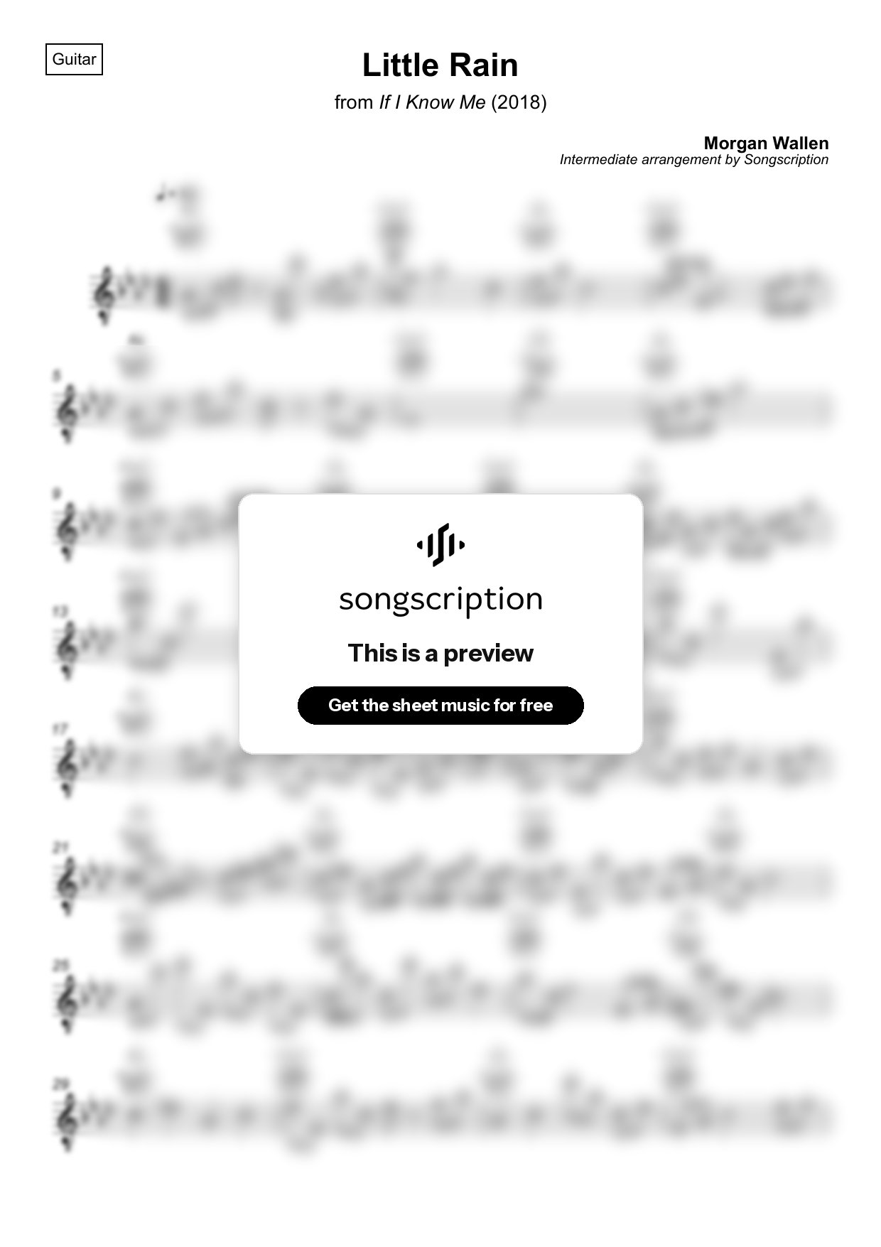 Intermediate Acoustic Guitar Sheet Music for "Little Rain" by Morgan Wallen