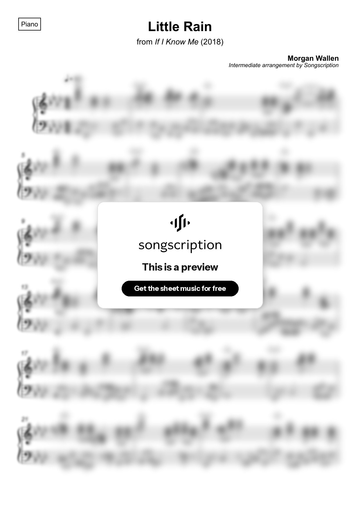 Intermediate Piano Sheet Music for "Little Rain" by Morgan Wallen