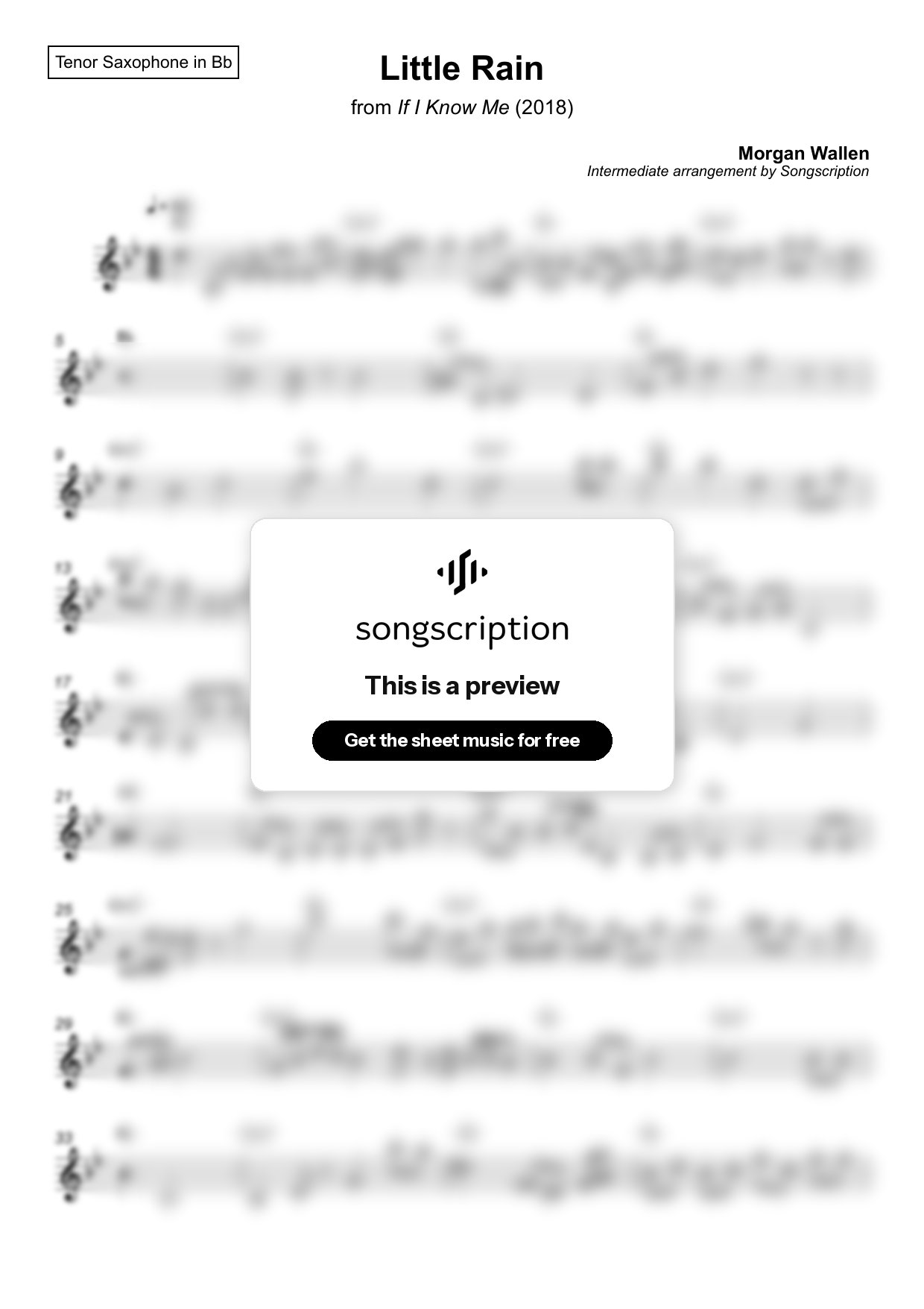 Intermediate Tenor Sax Sheet Music for "Little Rain" by Morgan Wallen