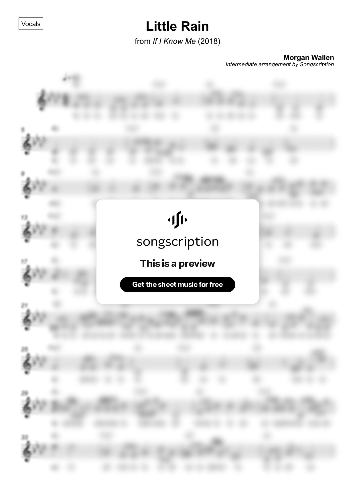 Intermediate Vocals Sheet Music for "Little Rain" by Morgan Wallen