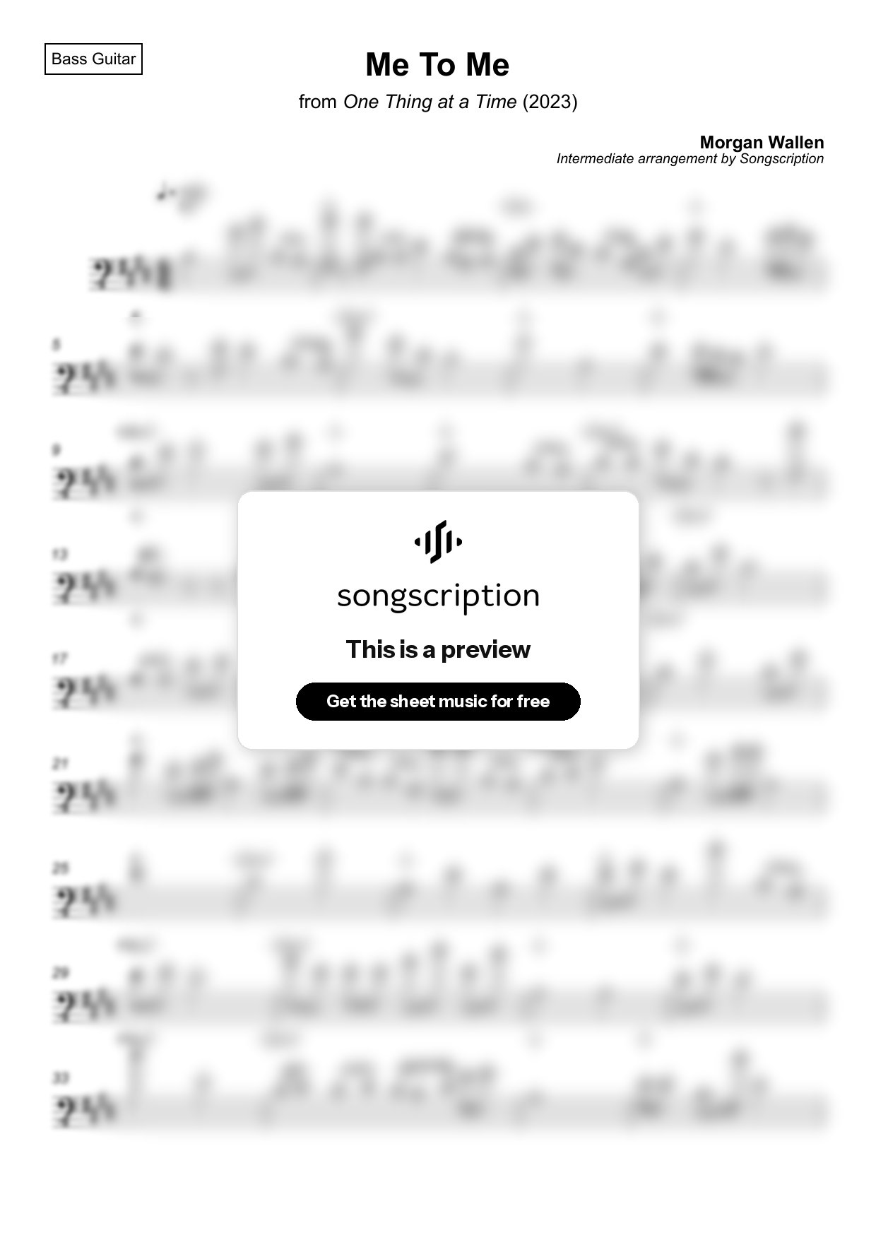 Intermediate Bass Guitar Sheet Music for "Me To Me" by Morgan Wallen