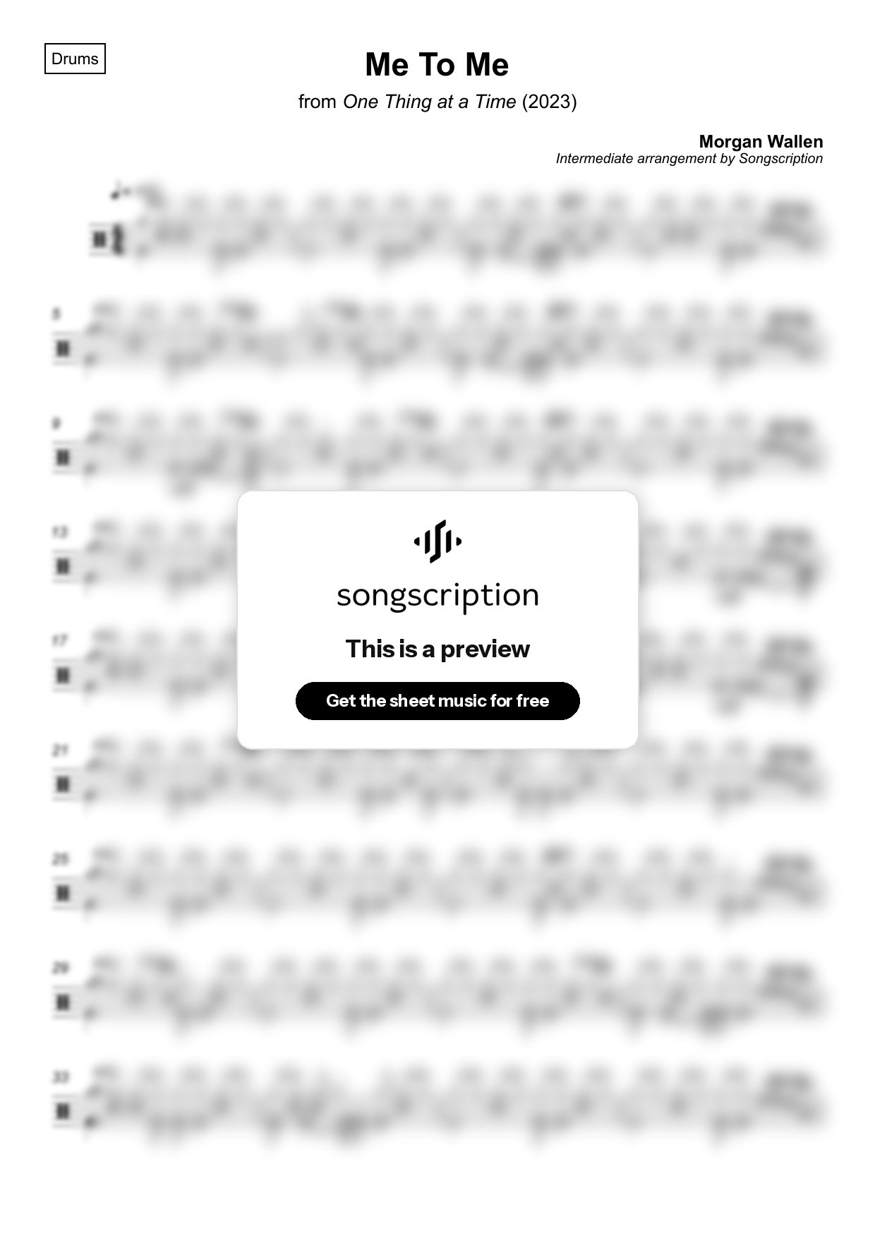 Intermediate Drums Sheet Music for "Me To Me" by Morgan Wallen