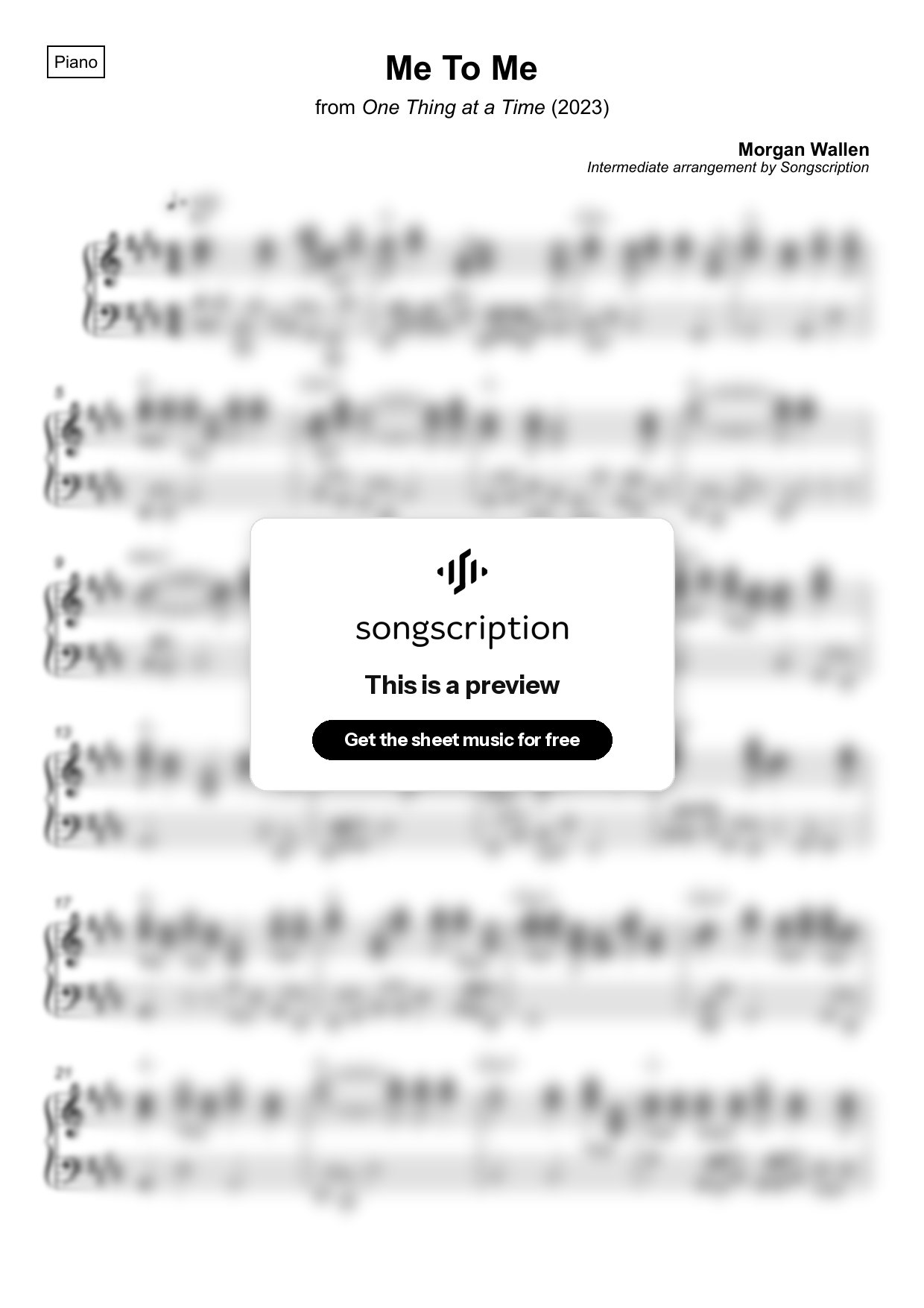 Intermediate Piano Sheet Music for "Me To Me" by Morgan Wallen