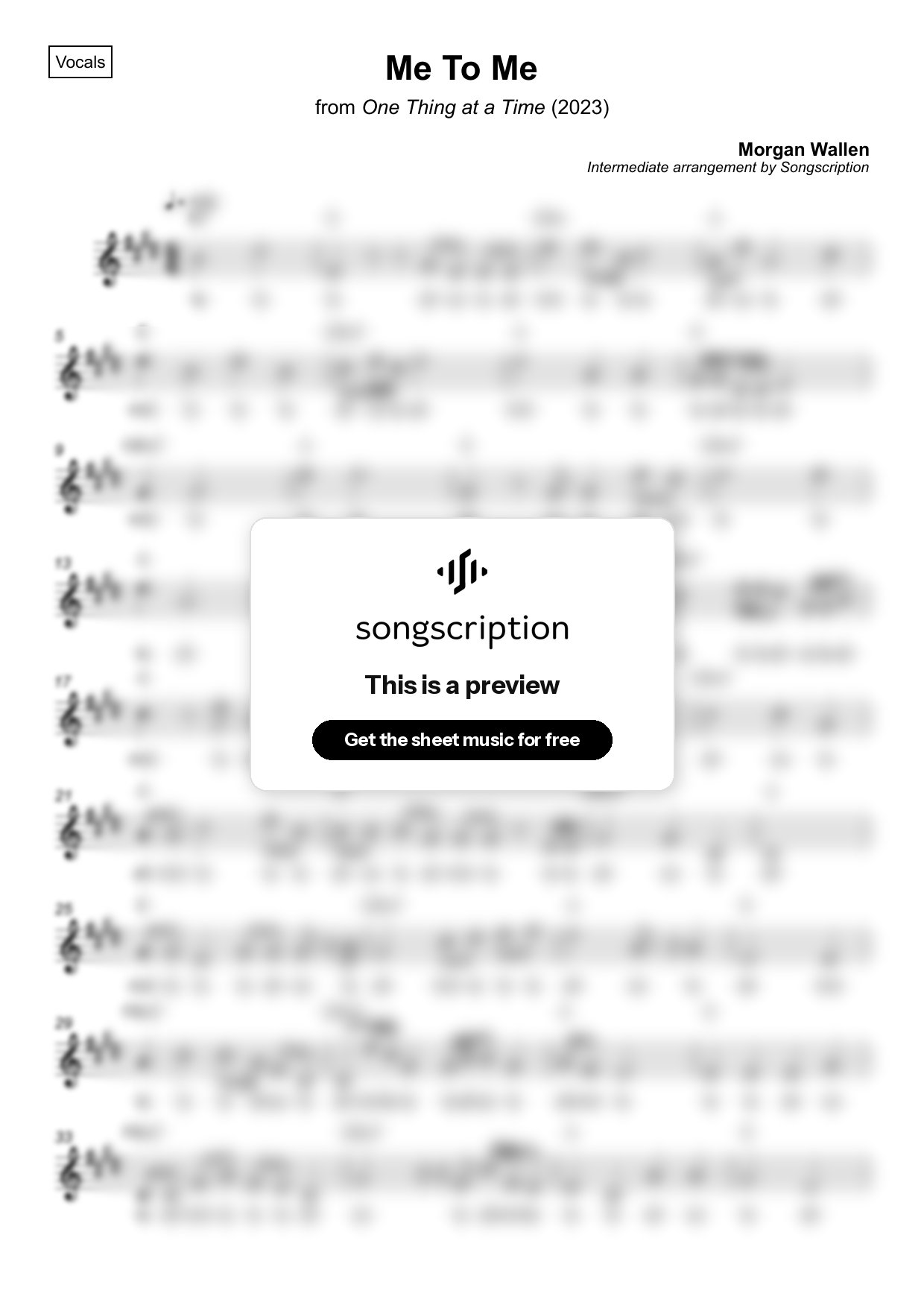 Intermediate Vocals Sheet Music for "Me To Me" by Morgan Wallen