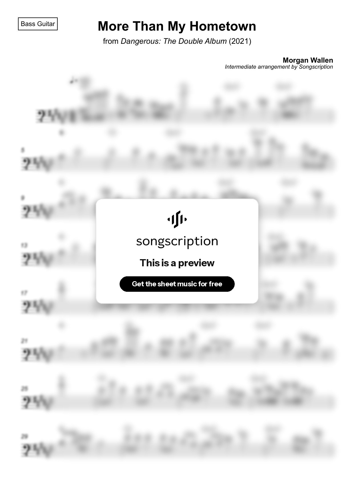 Intermediate Bass Guitar Sheet Music for "More Than My Hometown" by Morgan Wallen