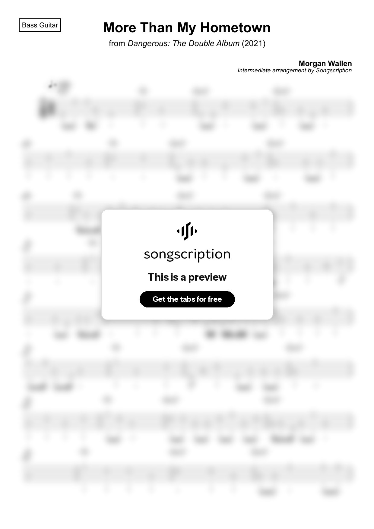 Intermediate Bass Guitar Tabs for "More Than My Hometown" by Morgan Wallen