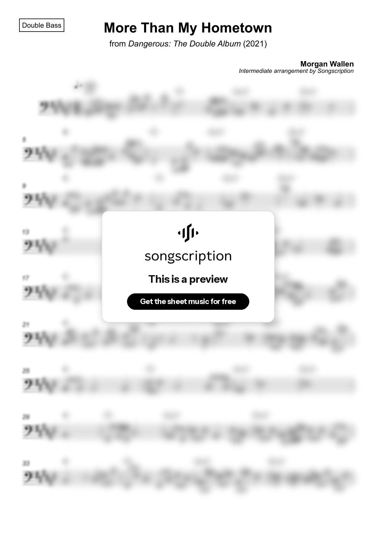 Intermediate Double Bass Sheet Music for "More Than My Hometown" by Morgan Wallen