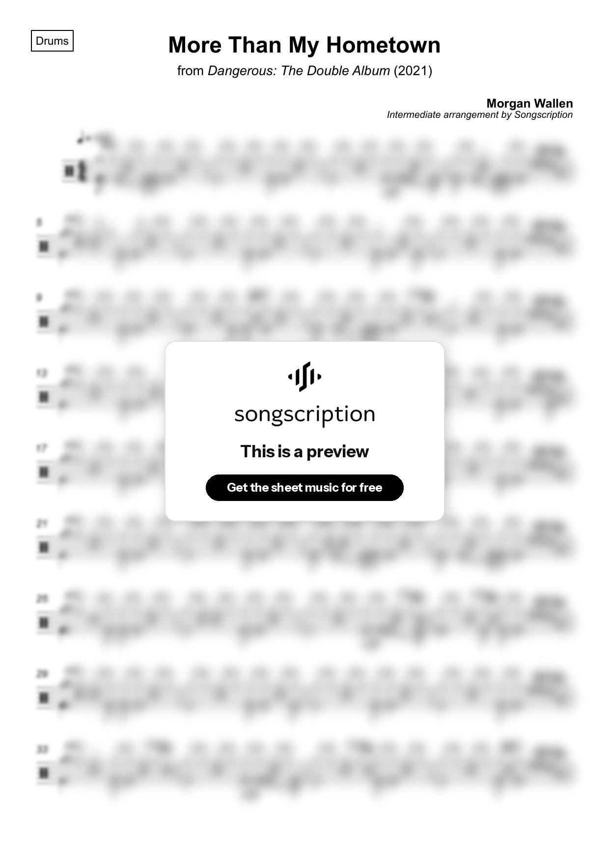 Intermediate Drums Sheet Music for "More Than My Hometown" by Morgan Wallen