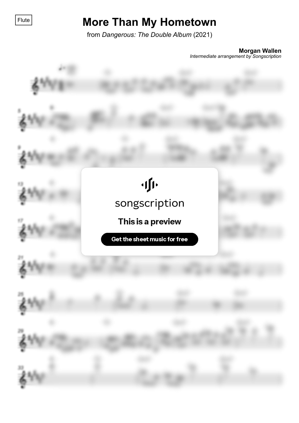 Intermediate Flute Sheet Music for "More Than My Hometown" by Morgan Wallen