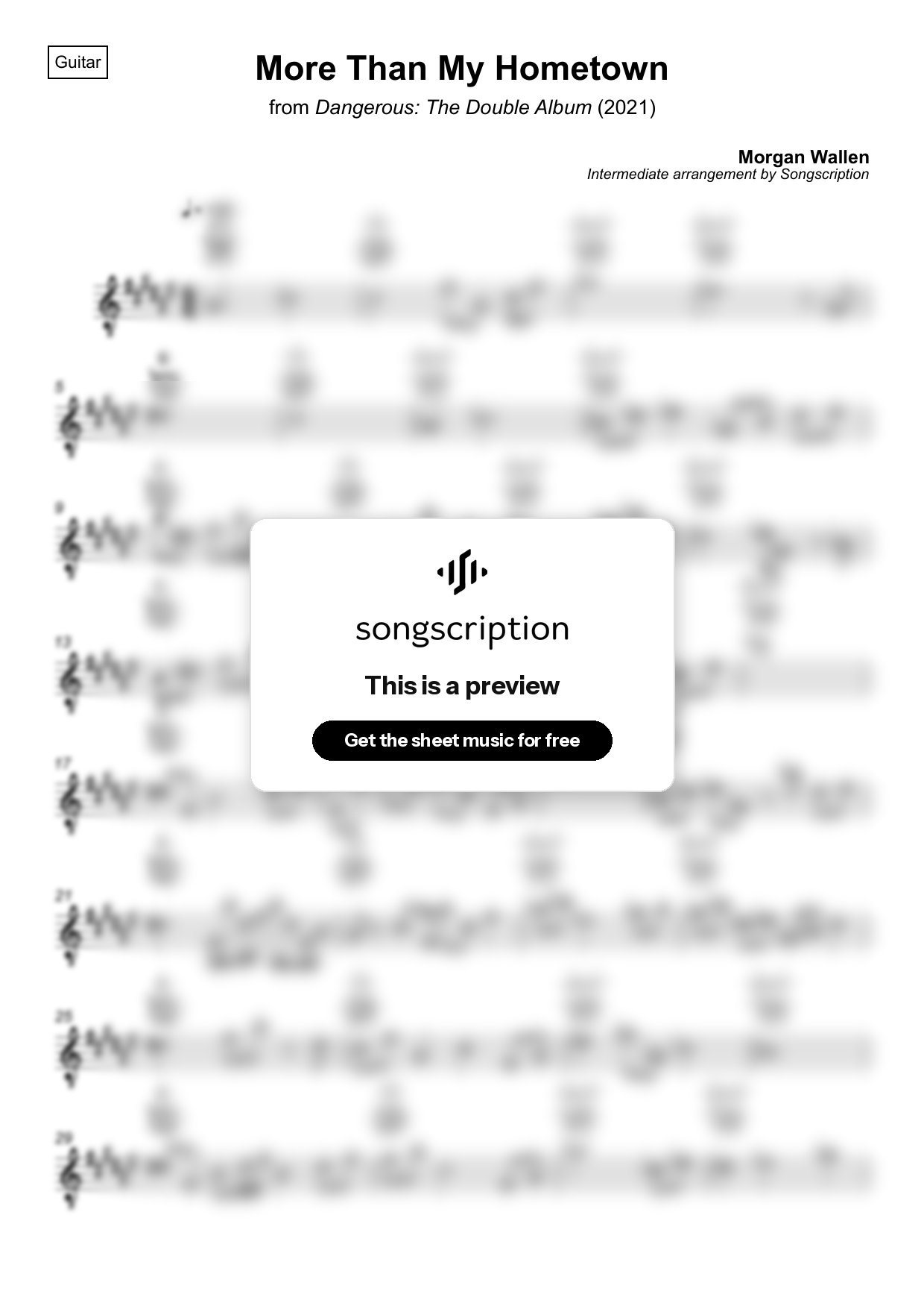 Intermediate Acoustic Guitar Sheet Music for "More Than My Hometown" by Morgan Wallen