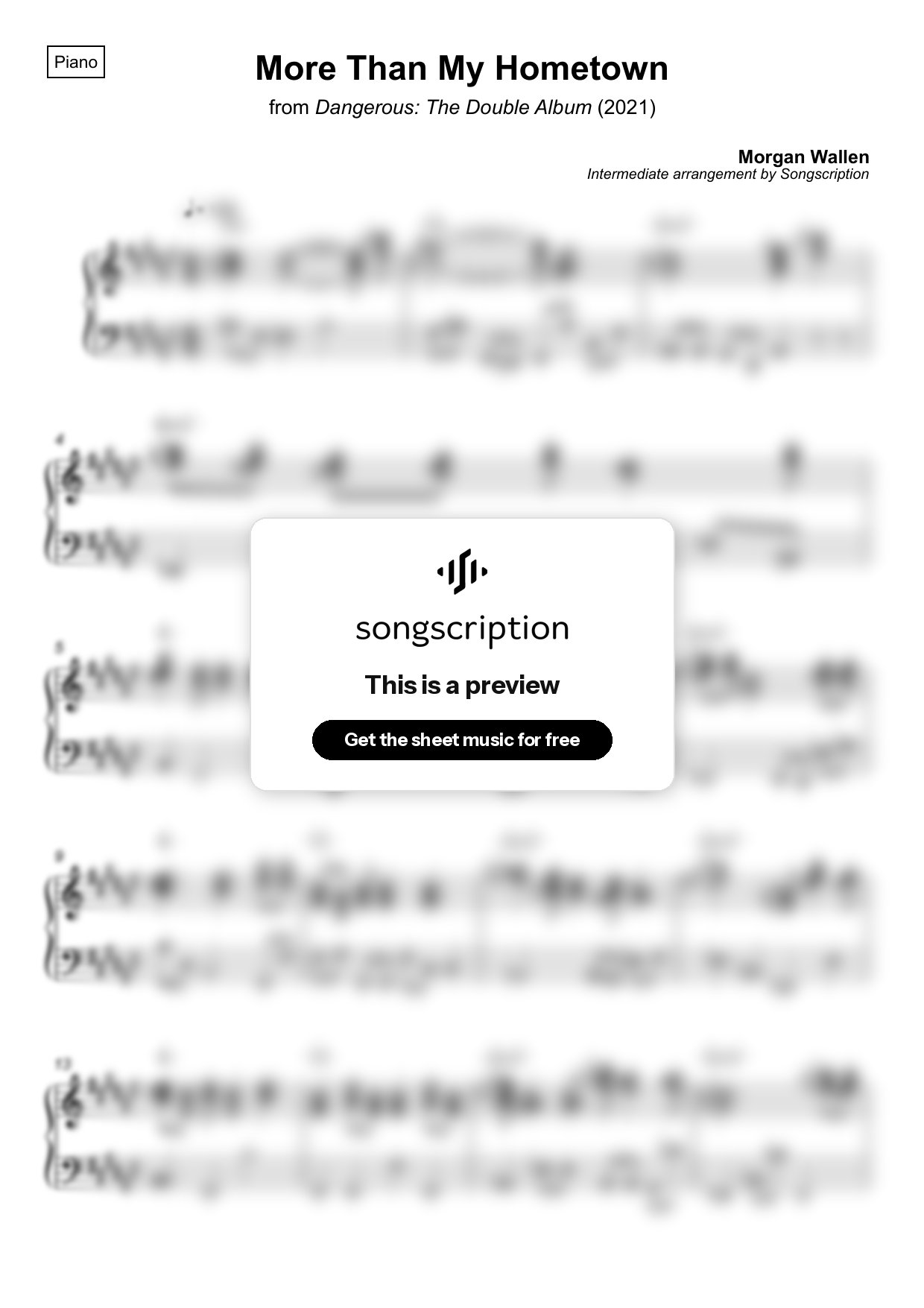 Intermediate Piano Sheet Music for "More Than My Hometown" by Morgan Wallen