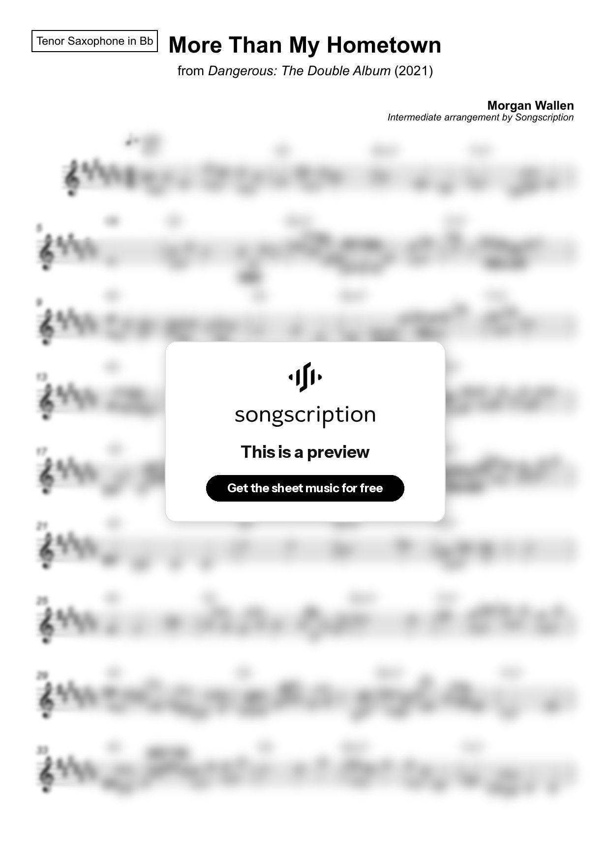 Intermediate Tenor Sax Sheet Music for "More Than My Hometown" by Morgan Wallen