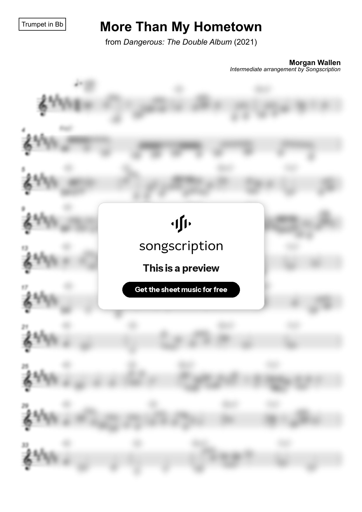 Intermediate Trumpet Sheet Music for "More Than My Hometown" by Morgan Wallen