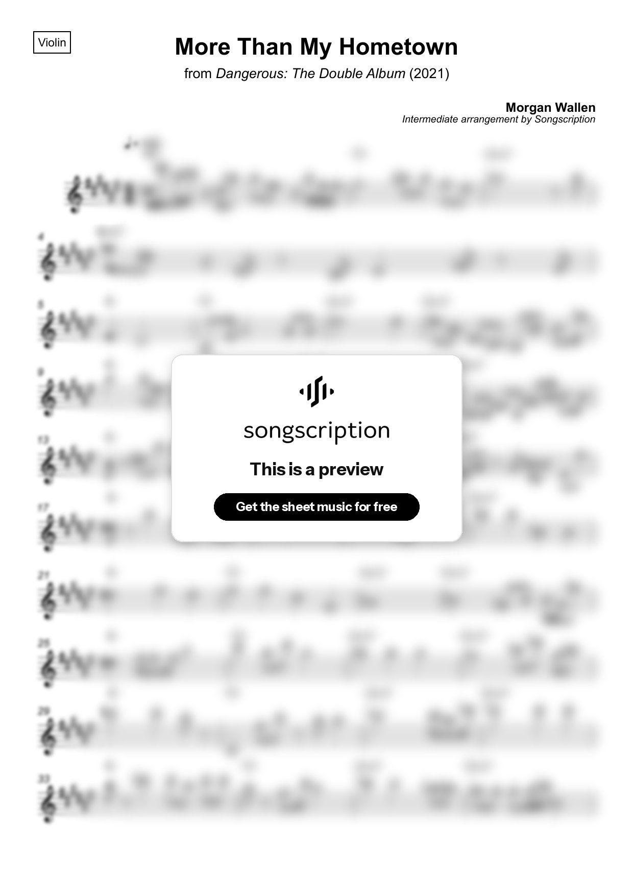 Intermediate Violin Sheet Music for "More Than My Hometown" by Morgan Wallen