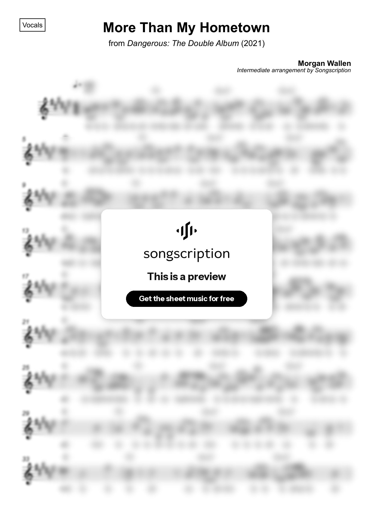 Intermediate Vocals Sheet Music for "More Than My Hometown" by Morgan Wallen
