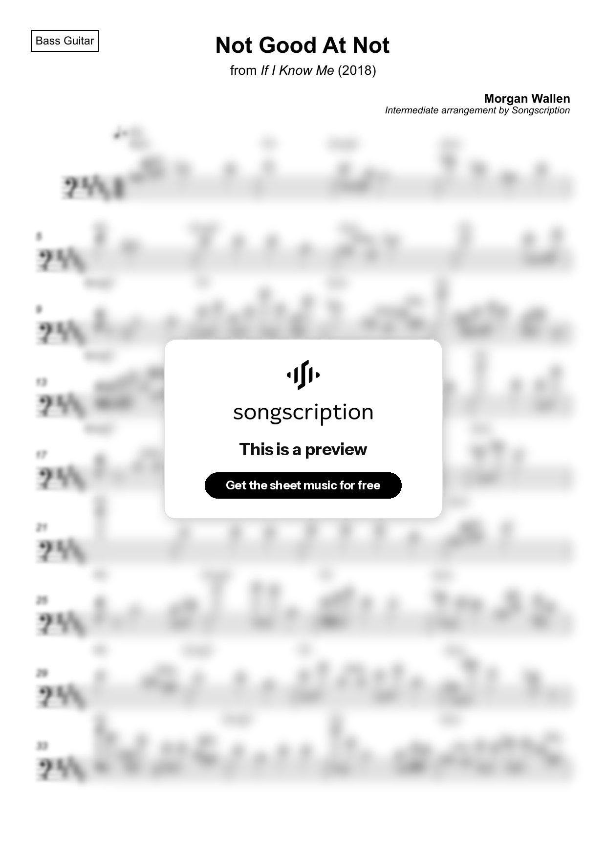Intermediate Bass Guitar Sheet Music for "Not Good At Not" by Morgan Wallen