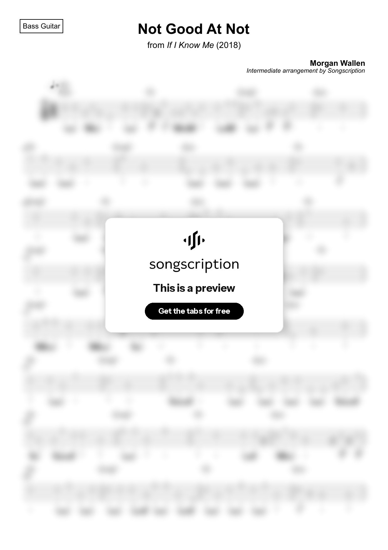Intermediate Bass Guitar Tabs for "Not Good At Not" by Morgan Wallen