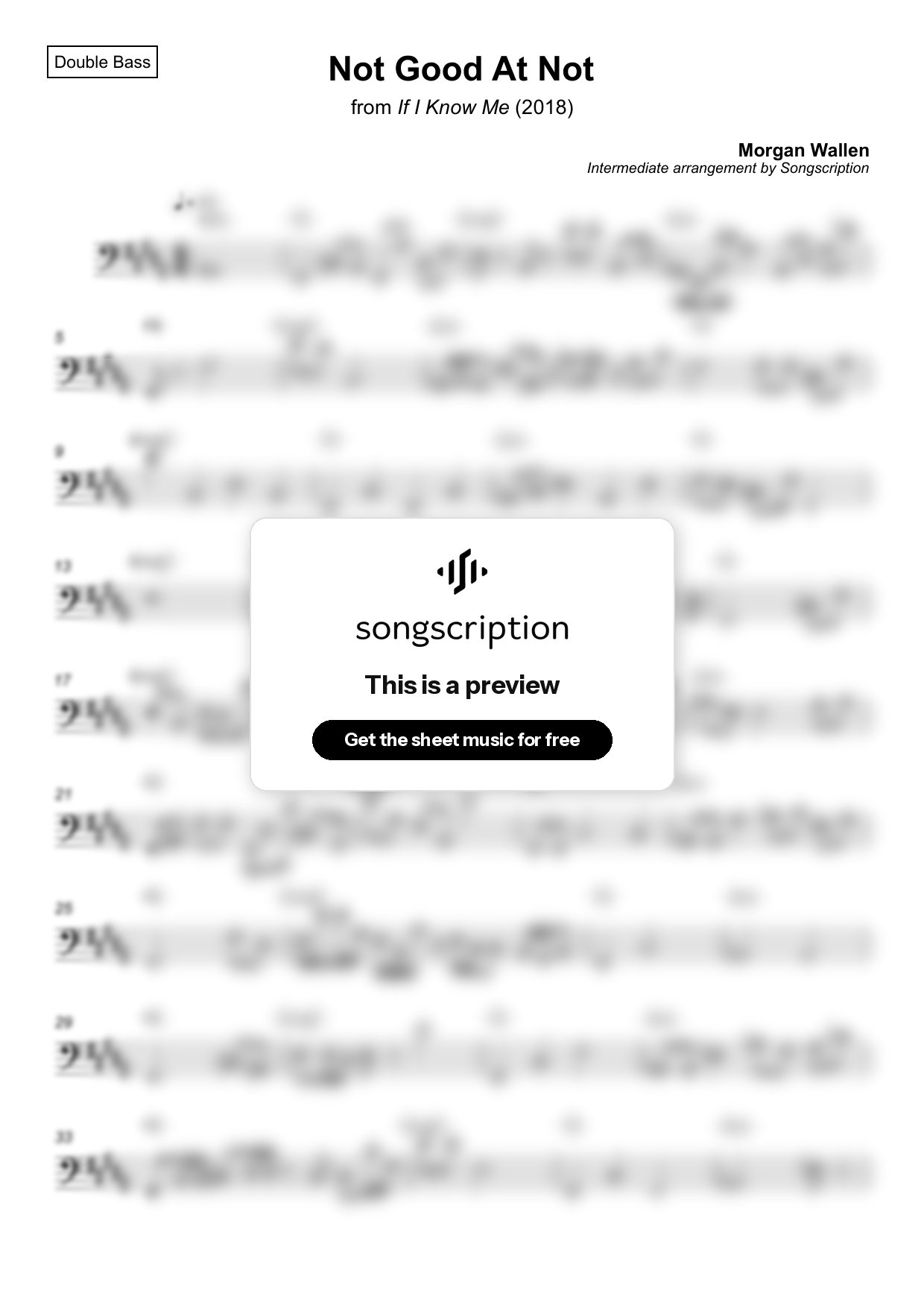 Intermediate Double Bass Sheet Music for "Not Good At Not" by Morgan Wallen