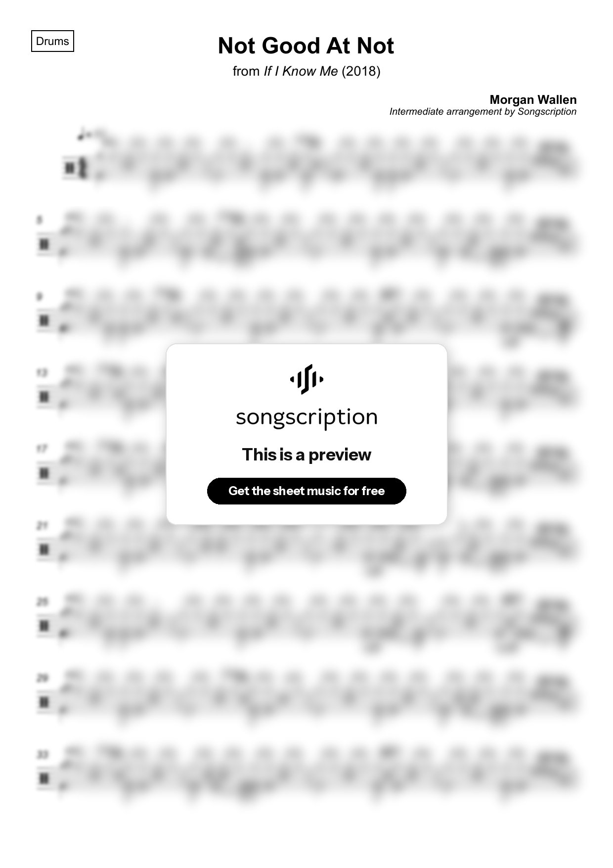 Intermediate Drums Sheet Music for "Not Good At Not" by Morgan Wallen