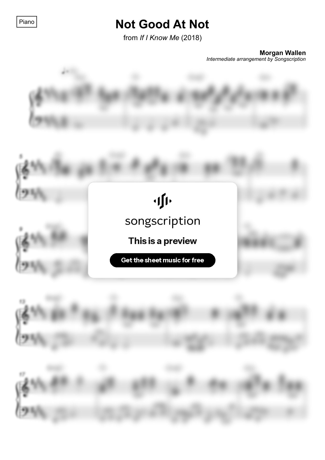 Intermediate Piano Sheet Music for "Not Good At Not" by Morgan Wallen