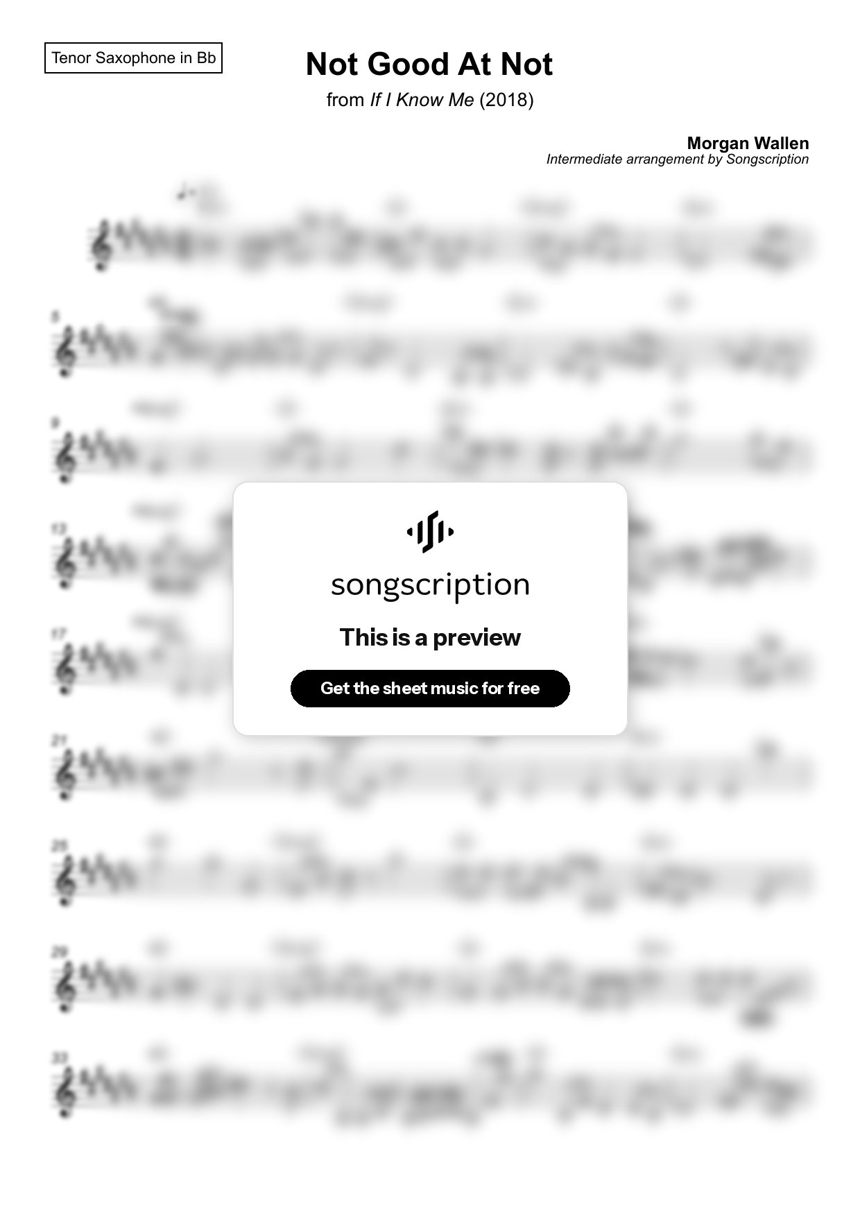 Intermediate Tenor Sax Sheet Music for "Not Good At Not" by Morgan Wallen