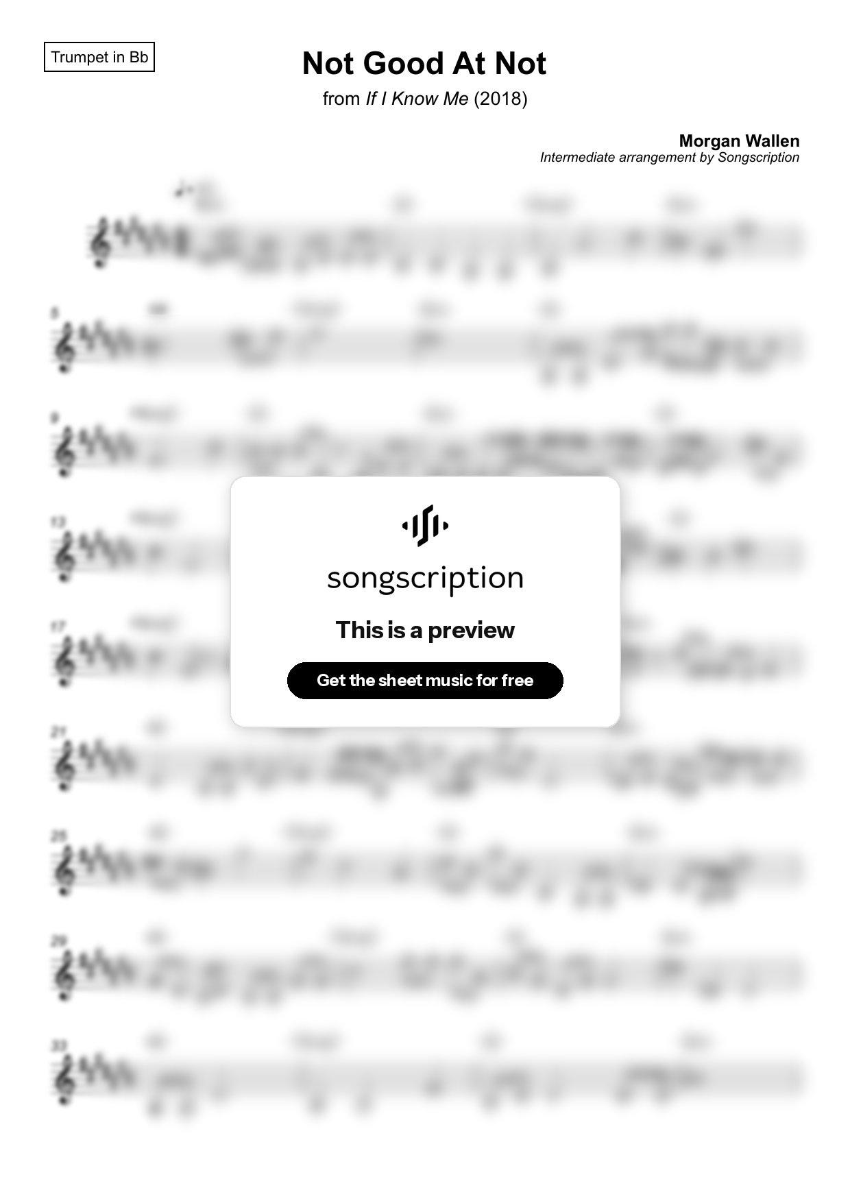 Intermediate Trumpet Sheet Music for "Not Good At Not" by Morgan Wallen