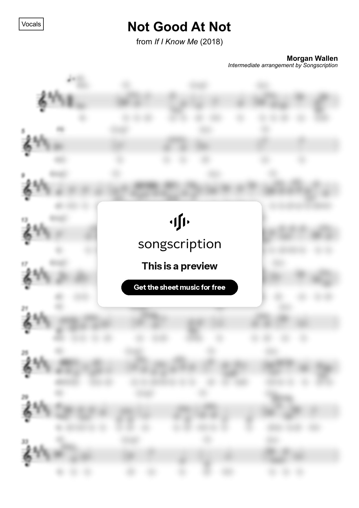 Intermediate Vocals Sheet Music for "Not Good At Not" by Morgan Wallen