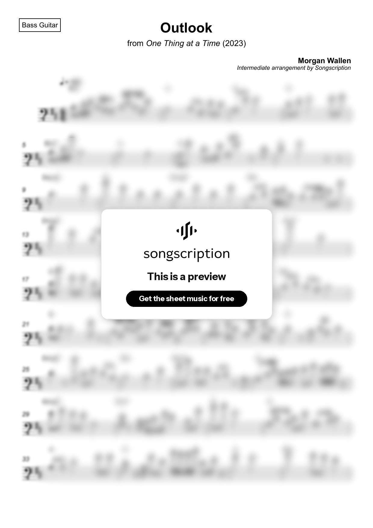 Intermediate Bass Guitar Sheet Music for "Outlook" by Morgan Wallen