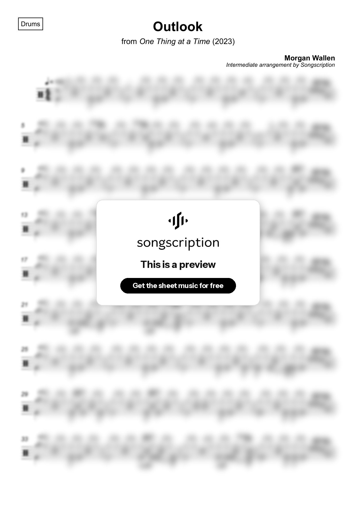 Intermediate Drums Sheet Music for "Outlook" by Morgan Wallen