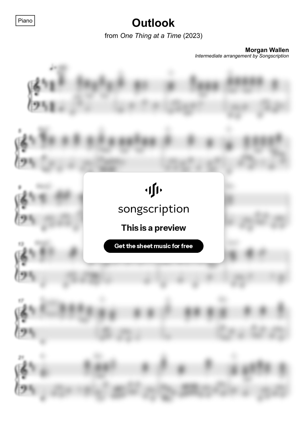 Intermediate Piano Sheet Music for "Outlook" by Morgan Wallen