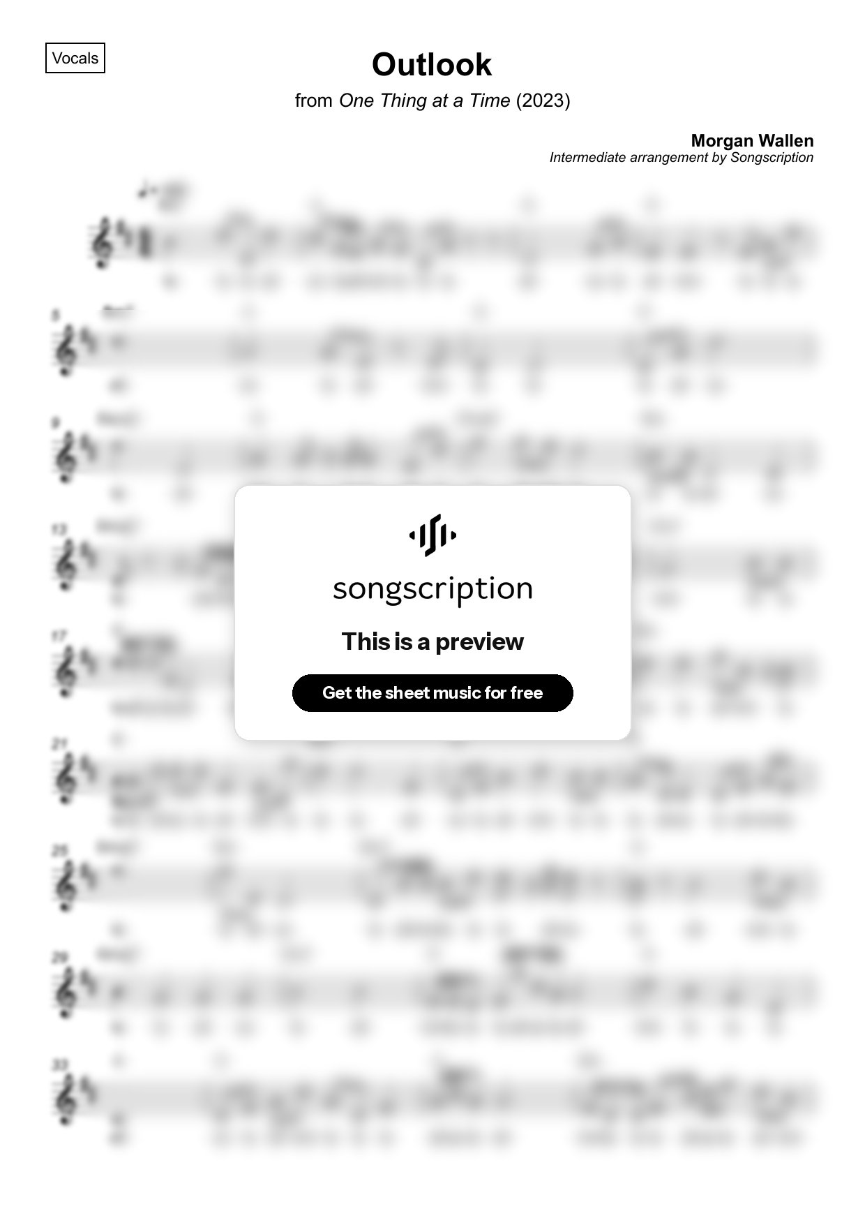 Intermediate Vocals Sheet Music for "Outlook" by Morgan Wallen