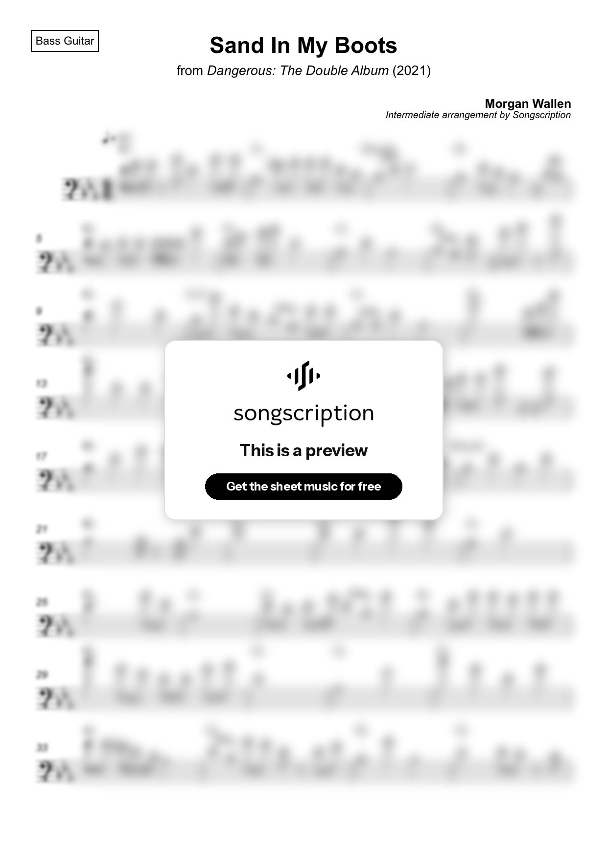 Intermediate Bass Guitar Sheet Music for "Sand In My Boots" by Morgan Wallen