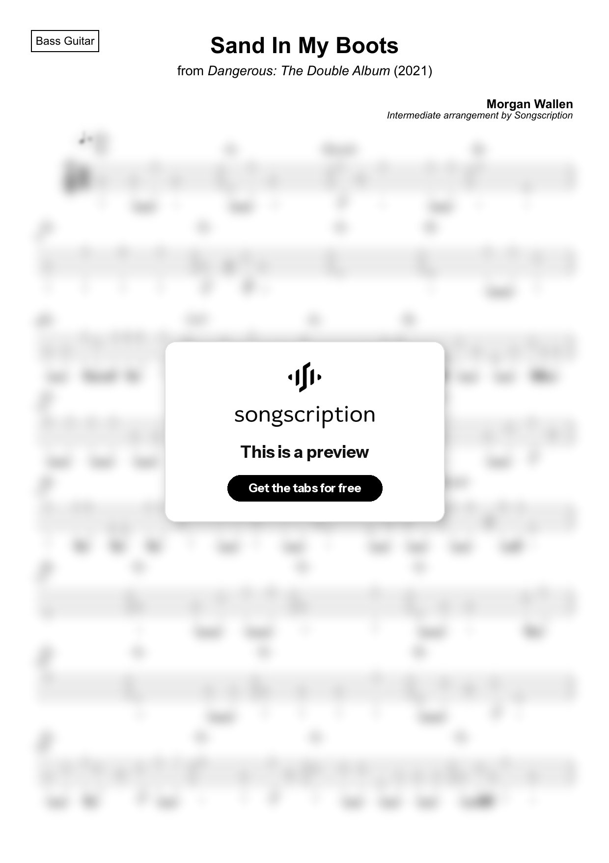 Intermediate Bass Guitar Tabs for "Sand In My Boots" by Morgan Wallen