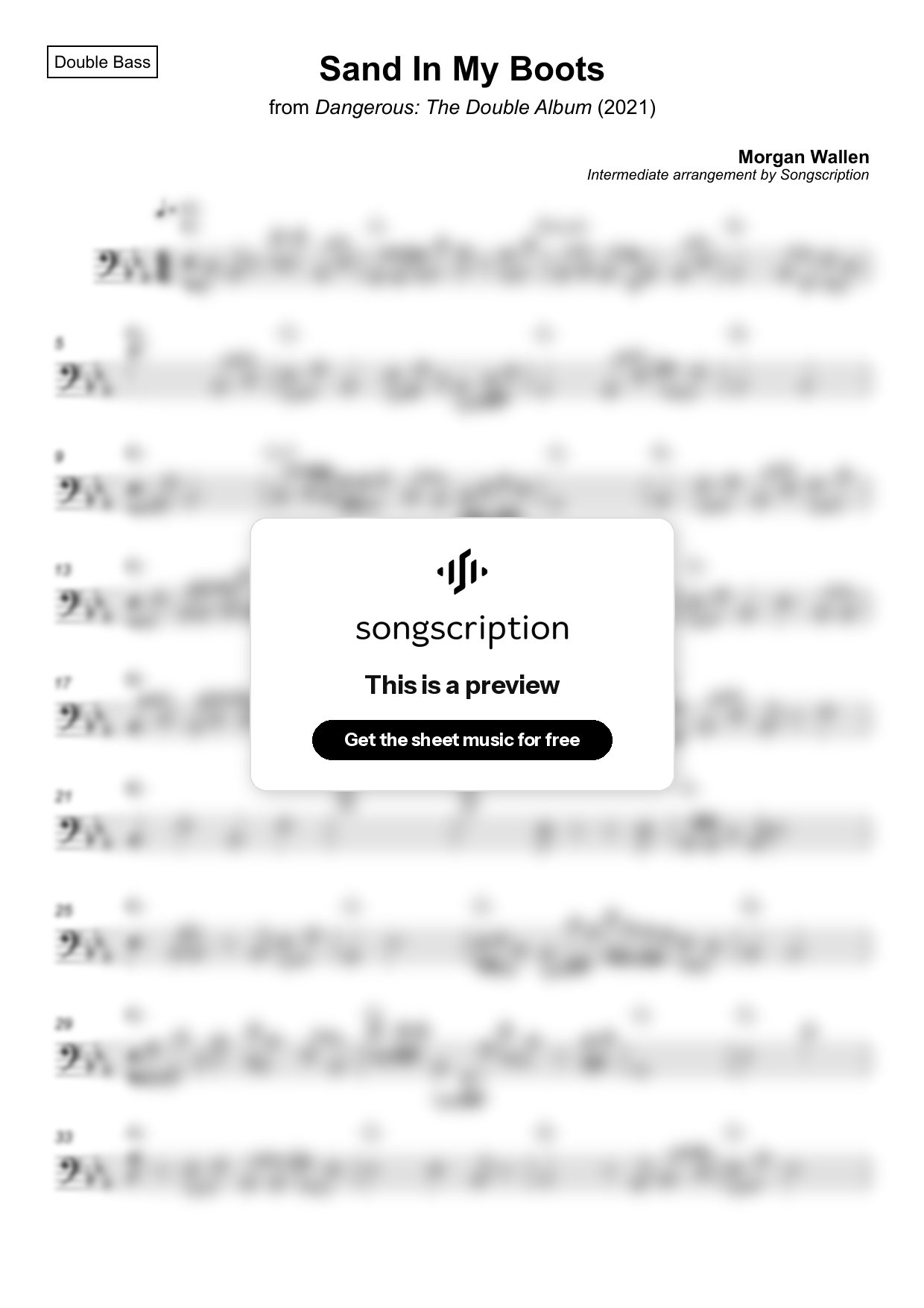 Intermediate Double Bass Sheet Music for "Sand In My Boots" by Morgan Wallen