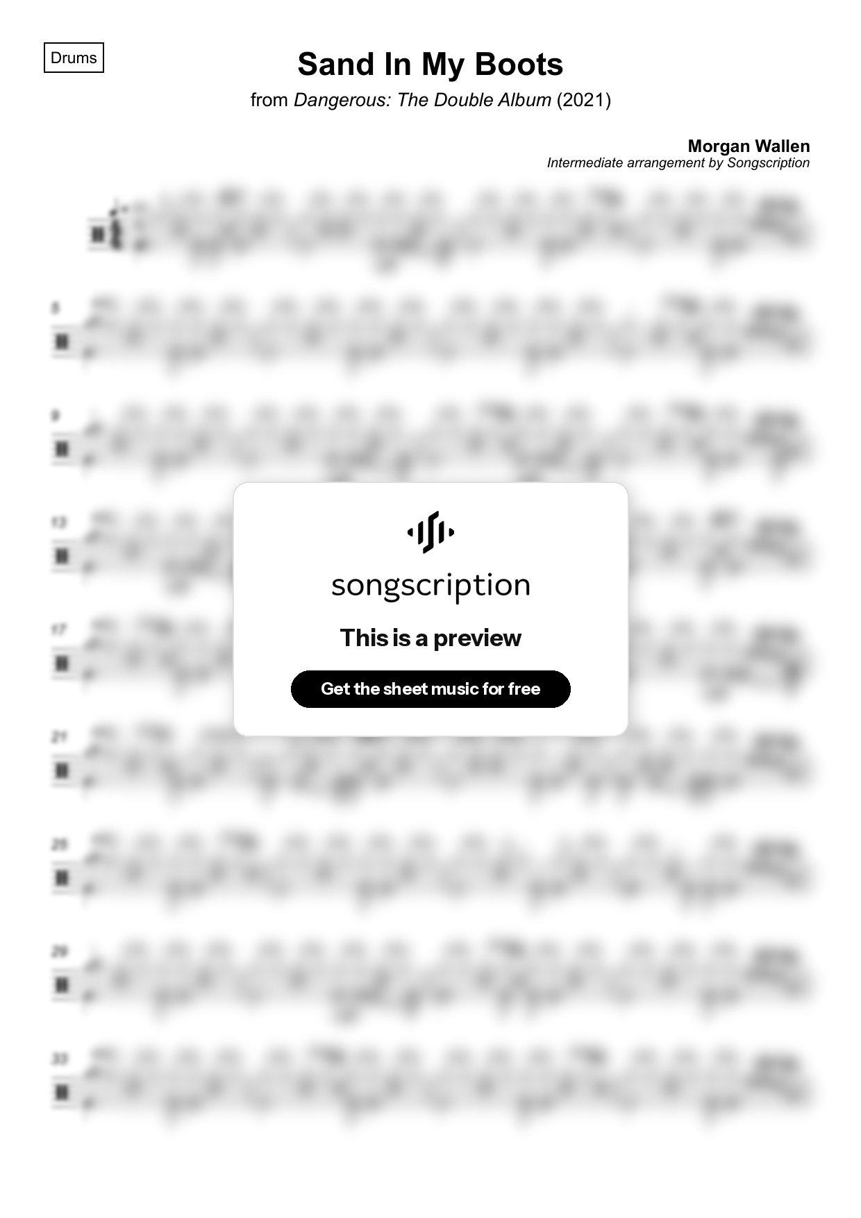 Intermediate Drums Sheet Music for "Sand In My Boots" by Morgan Wallen