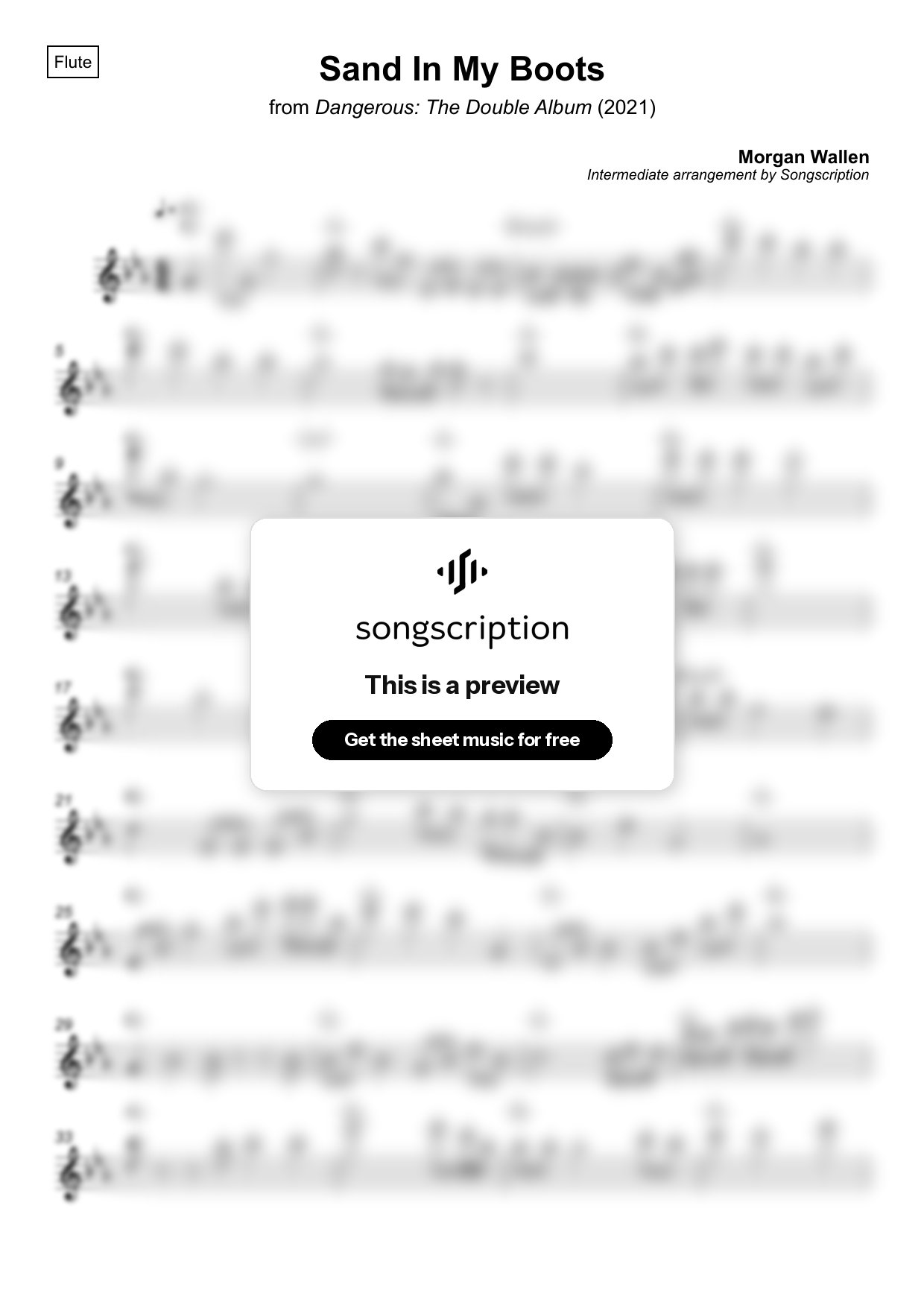 Intermediate Flute Sheet Music for "Sand In My Boots" by Morgan Wallen