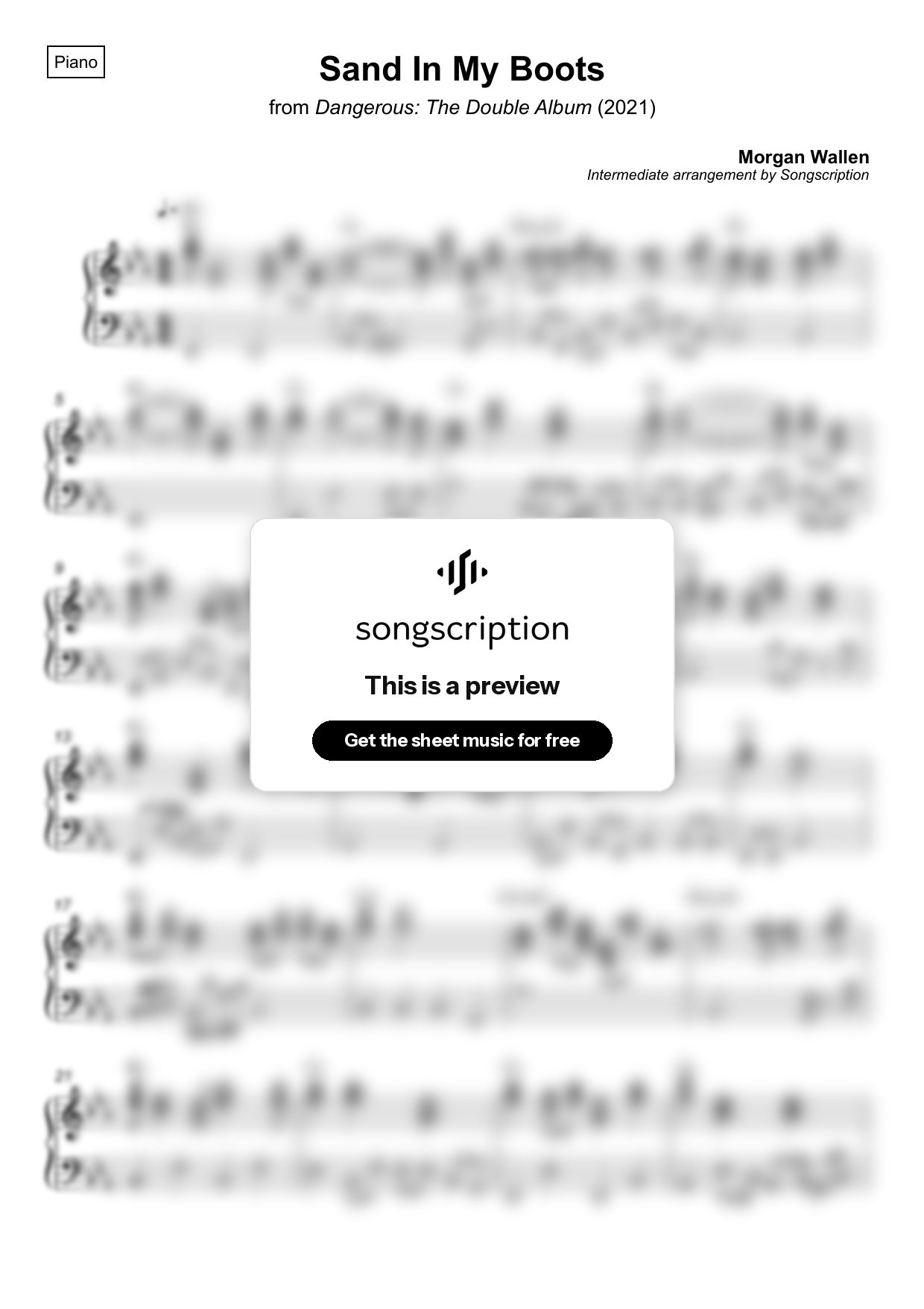 Intermediate Piano Sheet Music for "Sand In My Boots" by Morgan Wallen