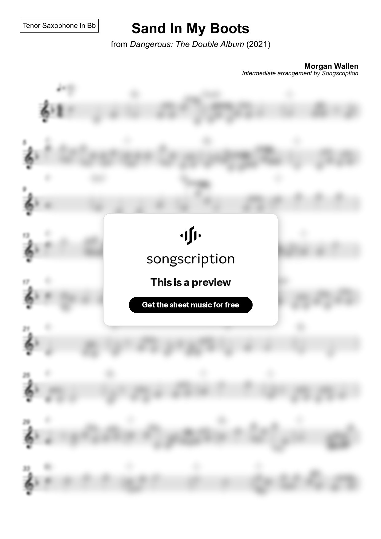 Intermediate Tenor Sax Sheet Music for "Sand In My Boots" by Morgan Wallen
