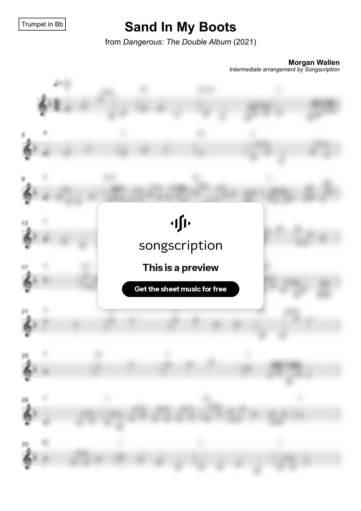Intermediate Trumpet Sheet Music for "Sand In My Boots" by Morgan Wallen
