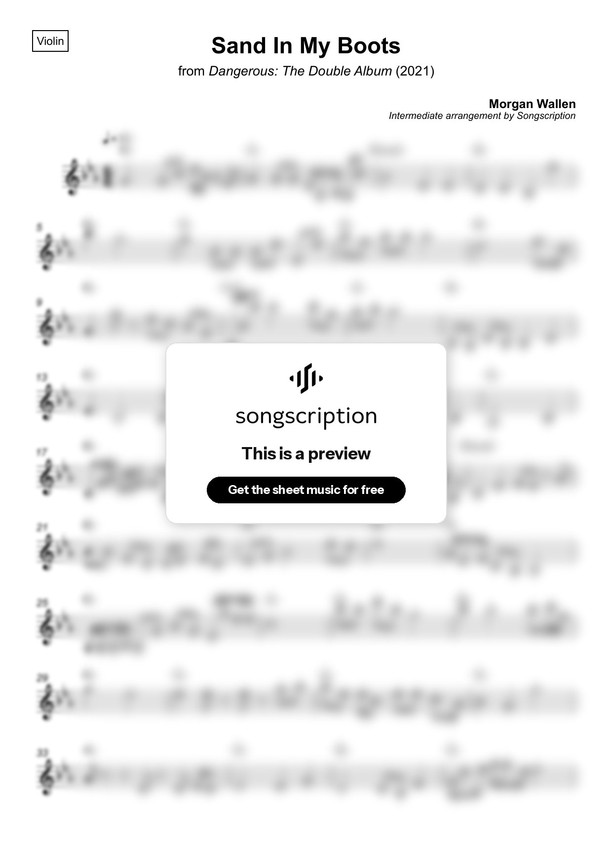 Intermediate Violin Sheet Music for "Sand In My Boots" by Morgan Wallen