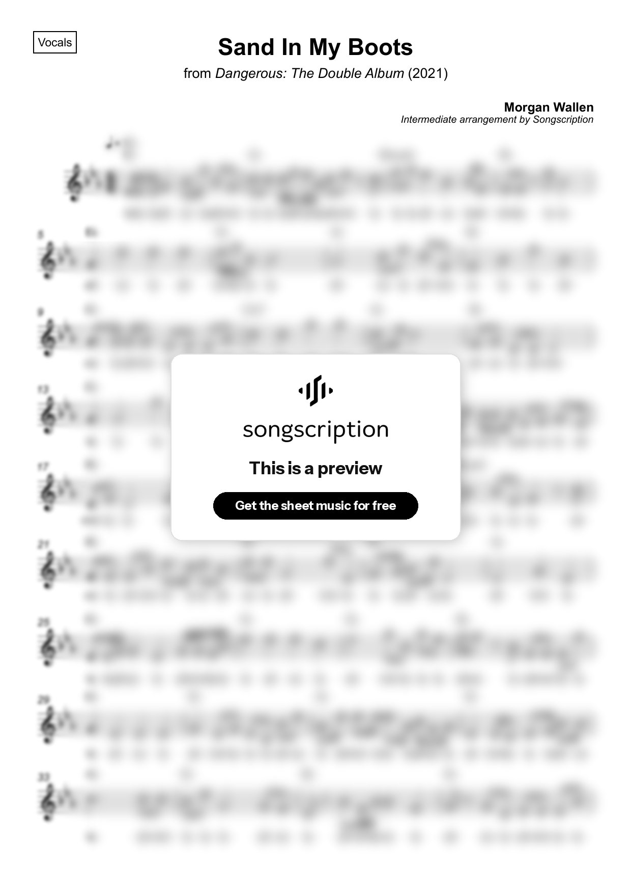 Intermediate Vocals Sheet Music for "Sand In My Boots" by Morgan Wallen